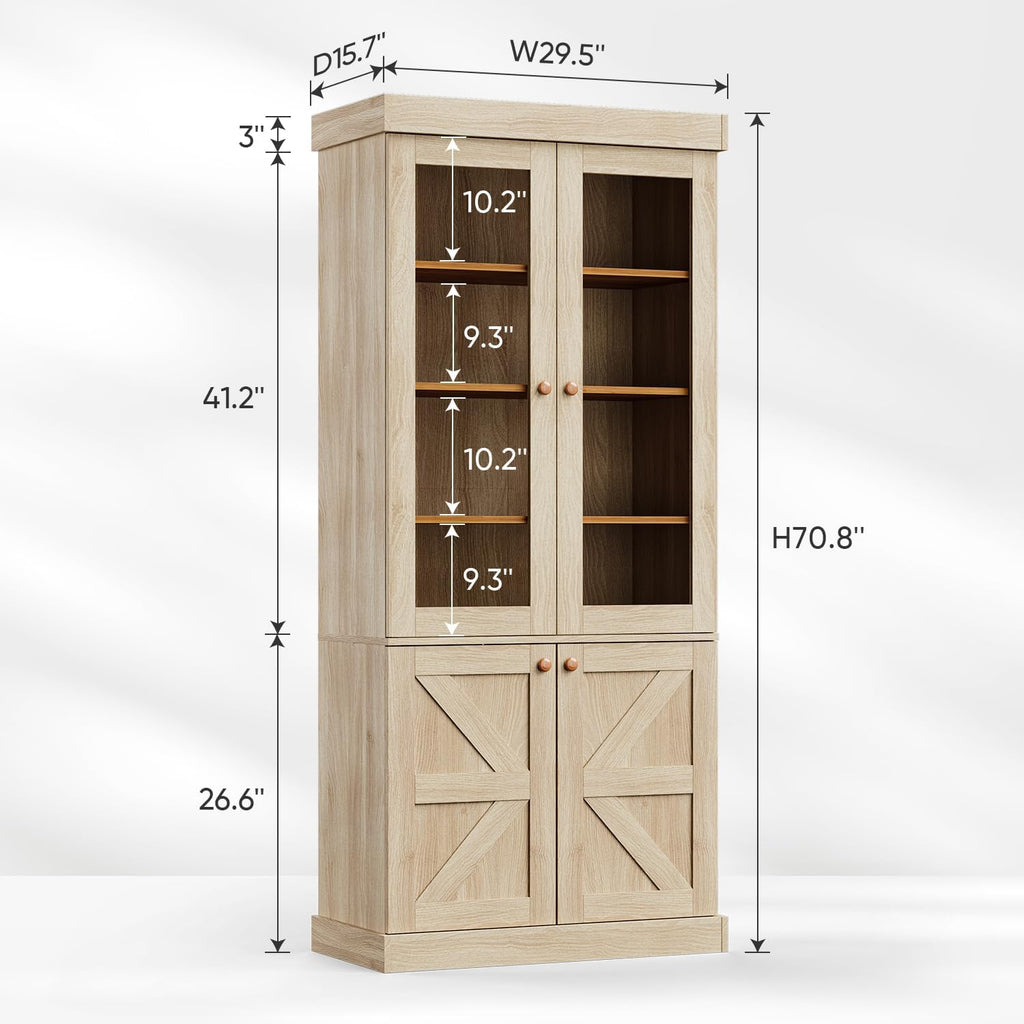 ivaniti 71" Tall Farmhouse Kitchen Pantry, Rustic Brown Wood Storage Cabinet with Glass Doors and Adjustable Shelves, Versatile Hutch for Dining Room, Living Room, Set of 2