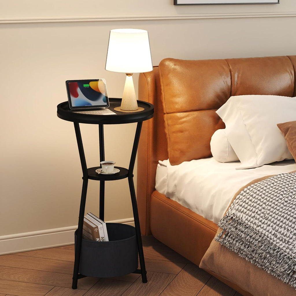 Yusong Round Side Table, Small Drink Table for Small Spaces, 3-Tier Industrial End Table, Accent Nightstand Bedside Table for Living Room, Bedroom, Sofa Couch, Black