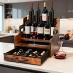 Liquor Bottle Display Shelf 3 Floors with Drawers | Countertop Wine Rack, Accommodates 12 Bottles and 36 K Cups, Minibar Coffee Syrup Storage Box, Whiskey