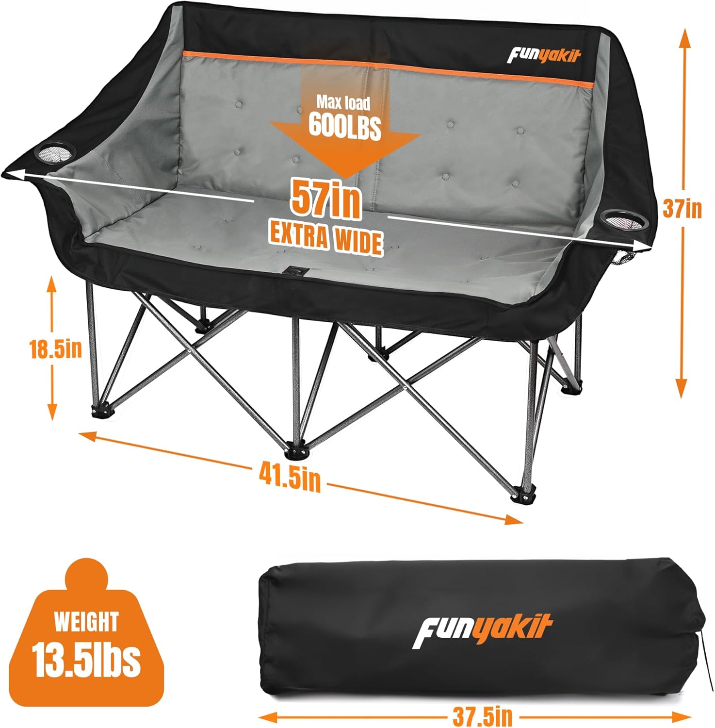 2 Person Camping Chair, Heavy Duty 650LBS Padded Loveseat for Couples & Pets, Foldable Double Camp Chair with Reinforced Storage Bag, Ideal for Outdoor Festivals, Beach, & Car Camping