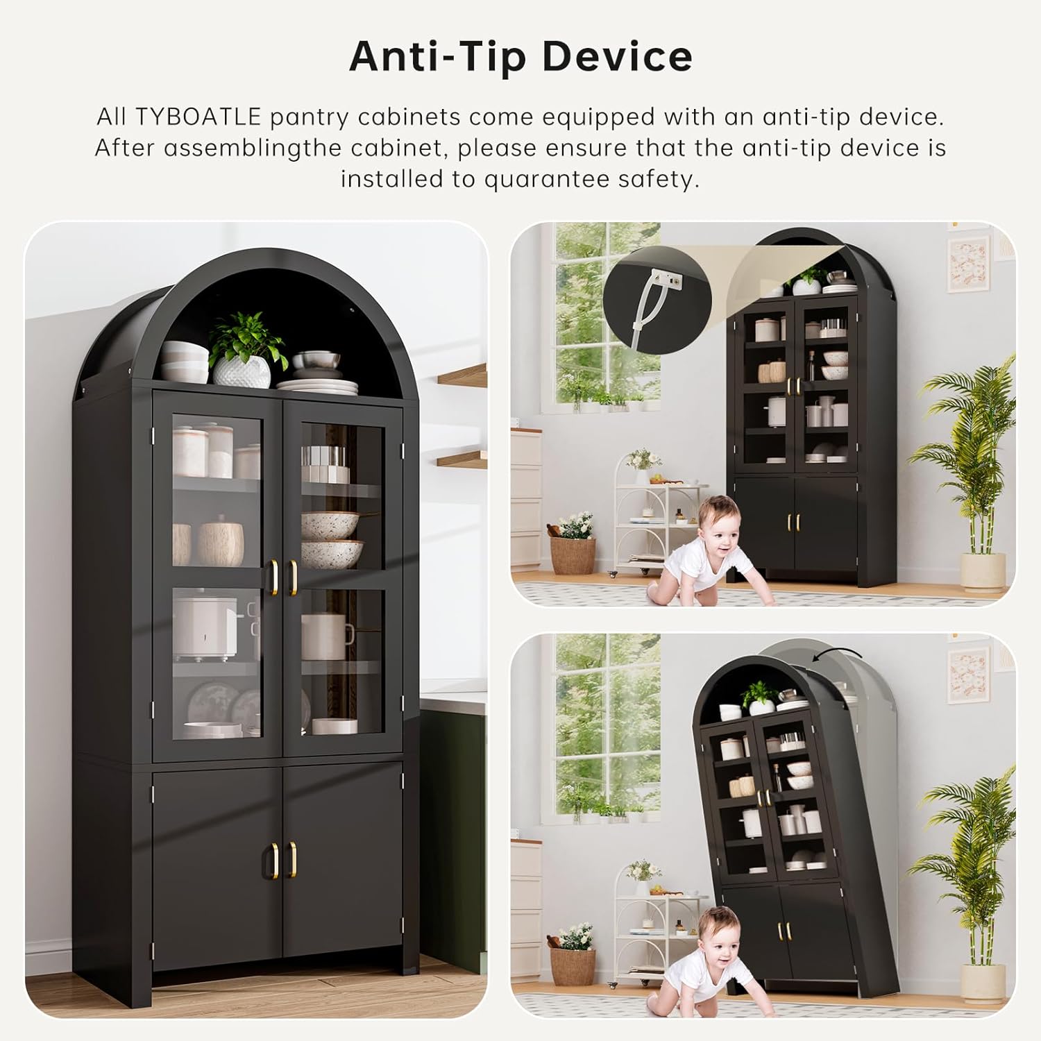 71" Tall Arched Kitchen Pantry, Modern Farmhouse Kitchens Storage Cabinets, Versatile Cupboard for Kitchen, Dining Room, Black, 1 Pc