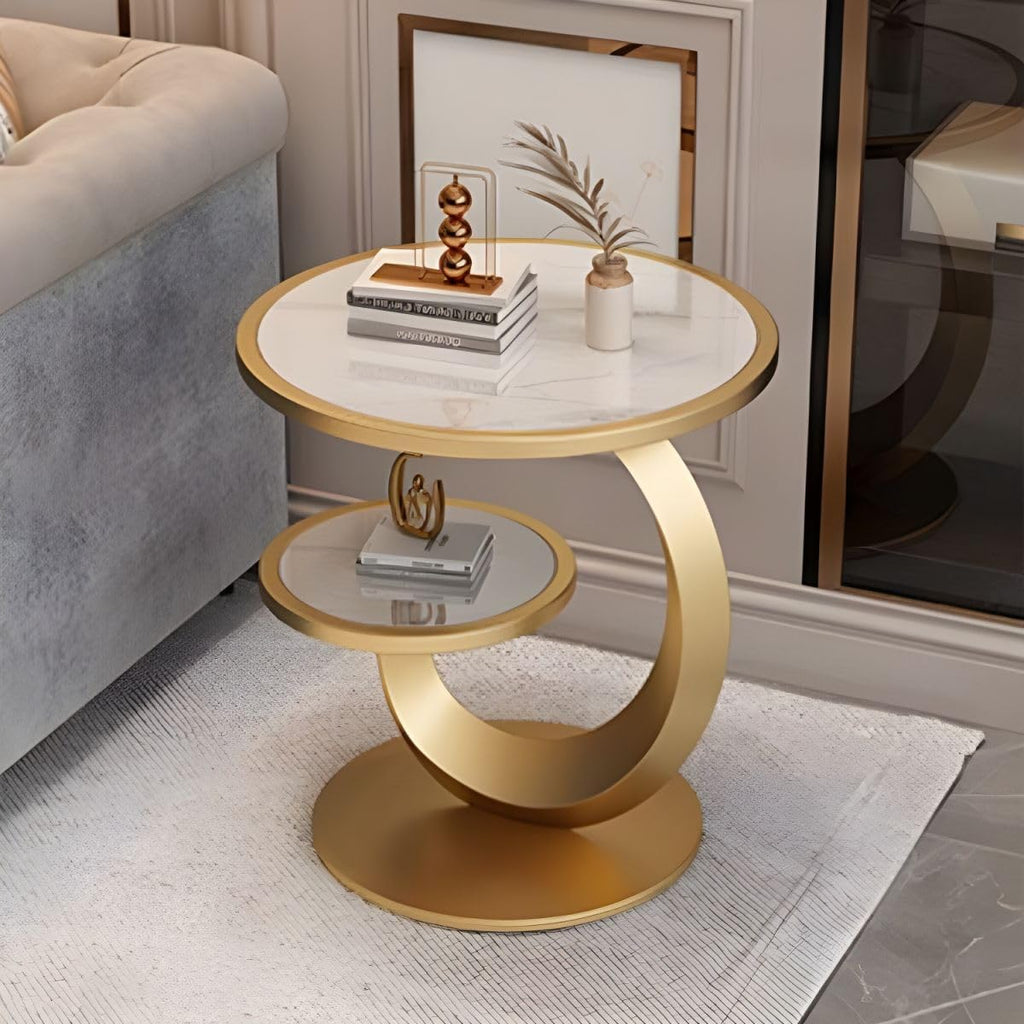 Round Stone Top Side Table with Storage Shelf - Modern End Table for Living Room, Sofa, or Couch