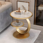 Round Stone Top Side Table with Storage Shelf - Modern End Table for Living Room, Sofa, or Couch