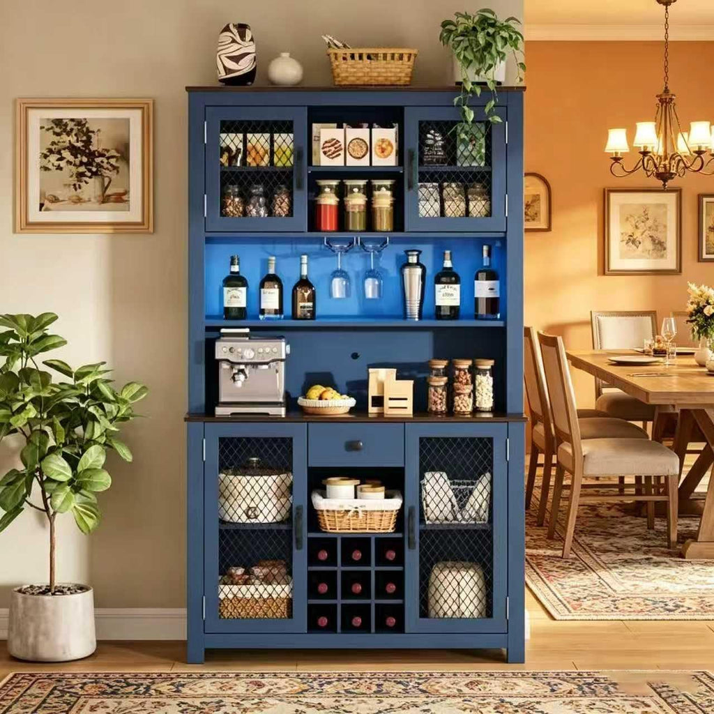 Navy Blue Kitchen Pantry Cabinet, Tall Buffet with Wine Storage, Coffee Bar & Mesh Doors