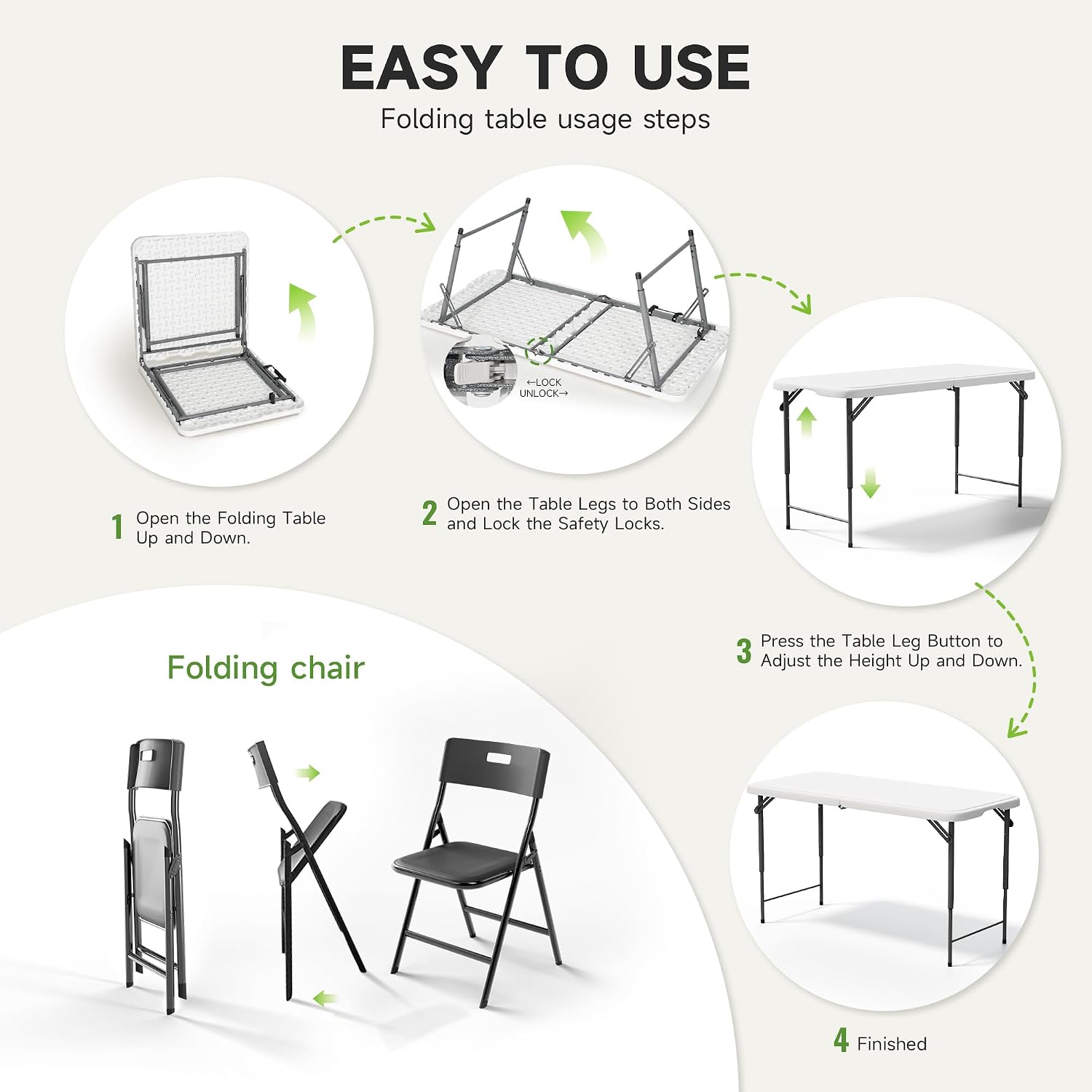 4FT Folding Table Set with 4 Folding Chairs, Heavy Duty 400 lbs Table & 330 lbs Chairs, Portable Folding Furniture Bundle for Camping, Party, Indoor & Outdoor Use