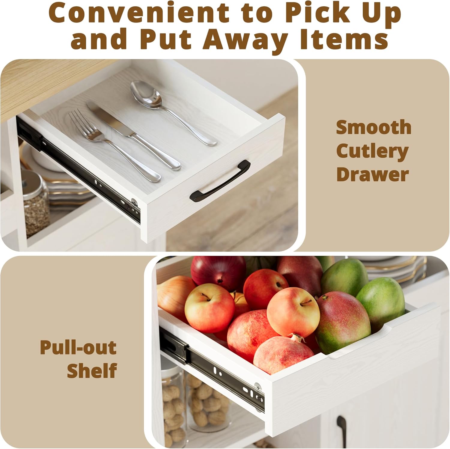 IRONCK Kitchen Island with Storage, Rolling Kitchen Island on Wheels, Kitchen Cart with Cabinet, Open Shelves, Drawer for Home,White and Natural
