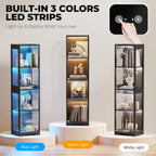 Glass Display Cabinet 4-Tier Curio Cabinet with 3-Color LED Lights, Human Body Sensor, Glass Door, Storage Bookcase for Collectibles, Black