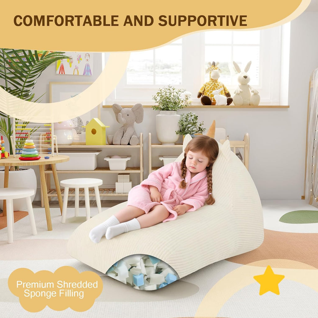 COMAX Bean Bag Chairs for Kids, Unicorn Kid Beanbag Chair with Filler, Toddler Lounge Bean Chair Corduroy, Lazy Floor Lounger for Girls and Boys Stuffed, Beige