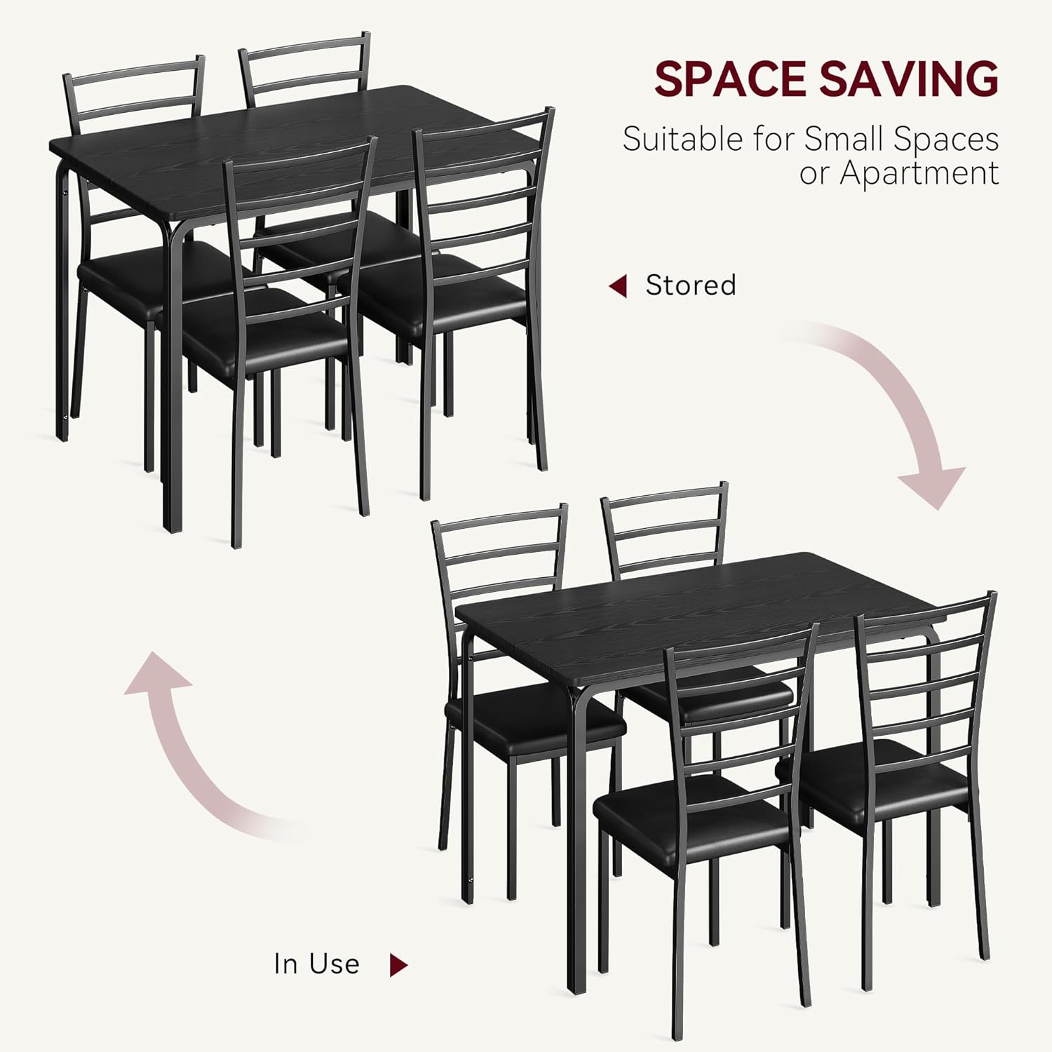 GarveeHome 5-Piece Kitchen Dining Room Table Chair Set for Small Space, Indoor Modern Dinette Set for 4, Square Dinner Table Set for Dinette (Black, Dining Table with 4 Chairs)