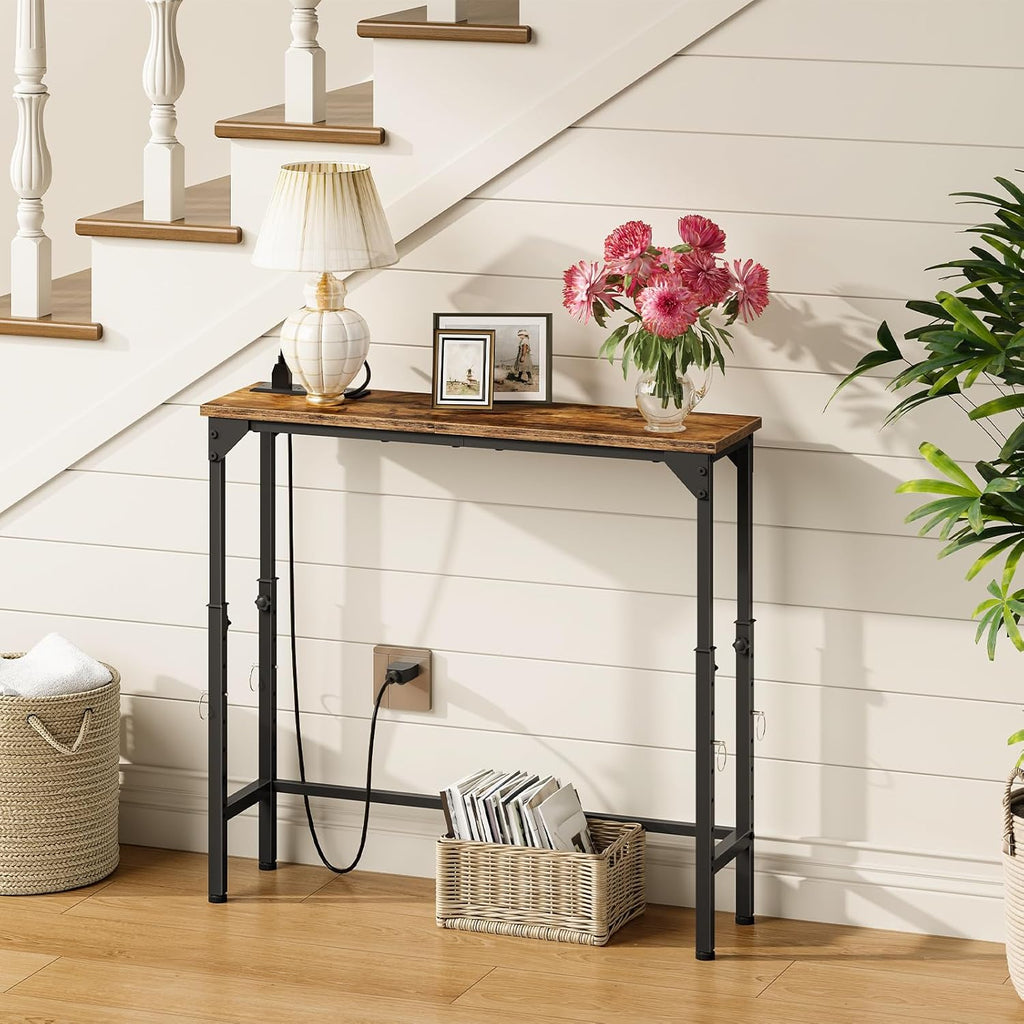 CHOEZON 29.5" Narrow Console Table with Adjustable Height (21.1"-29.9"), Behind Couch Table, Entryway Table with Power Outlet, Narrow Sofa Table, for Entryway, Rustic Brown and Black TXG10UBF