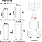 12 Pack Plastic Cylinder Vases, 4 6 8 10 Inch Tall Acrylic Cylinder Clear Flower Vase Set Bulk Glass Like Large Round Plastic Vases for Centerpiece Wedding Home Office (12)