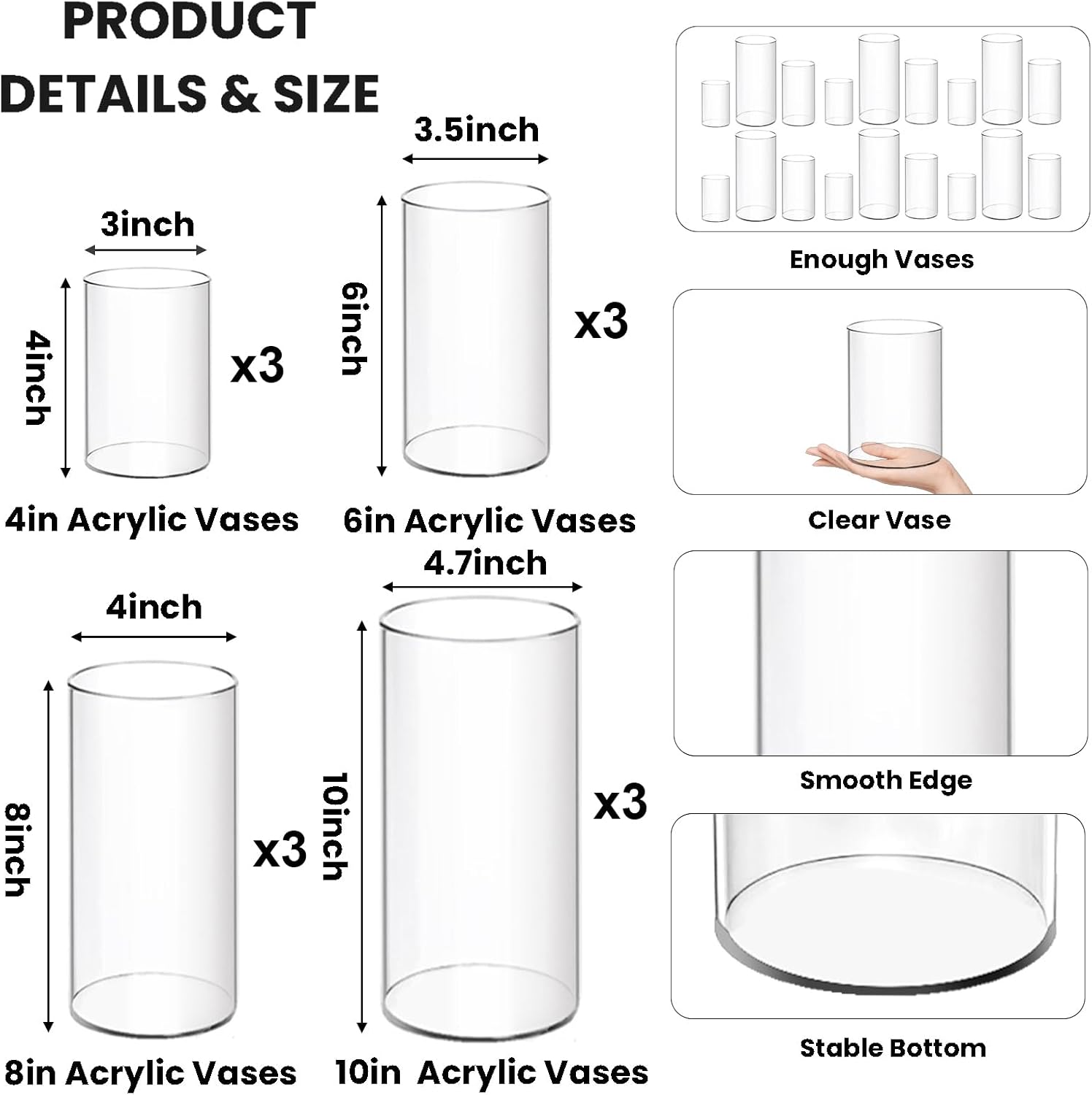 12 Pack Plastic Cylinder Vases, 4 6 8 10 Inch Tall Acrylic Cylinder Clear Flower Vase Set Bulk Glass Like Large Round Plastic Vases for Centerpiece Wedding Home Office (12)