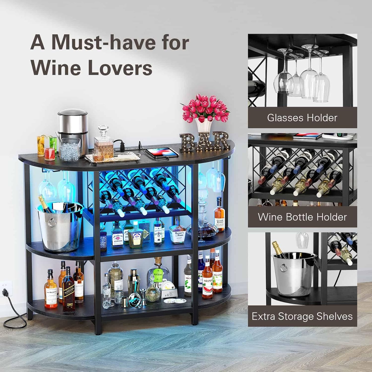 Zarler Bar Cart with Power Outlet Easy to Assemble, LED Home Bar Cabinet for Liquor, 47.3" L x 15.8" D x 36" H Metal Mini Bar Table with 4-Tier Storage, Black