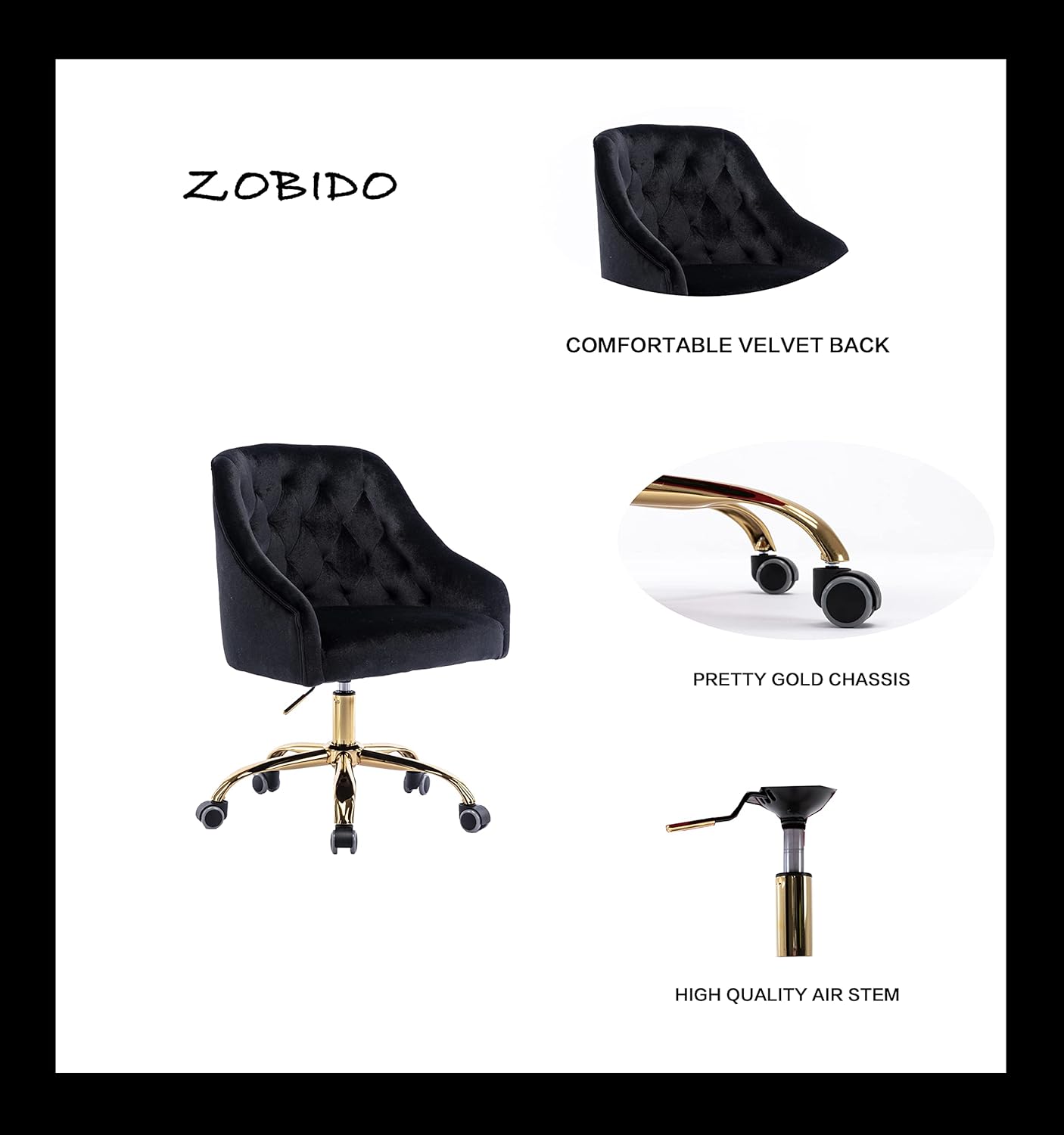Comfy Home Office Task Chair with Wheels, Cute Modern Upholstered Velvet Seashell Back Adjustable Swivel Vanity Desk Chair, for Women, for Kids, for Girls, Living Room, Bedroom (Black)