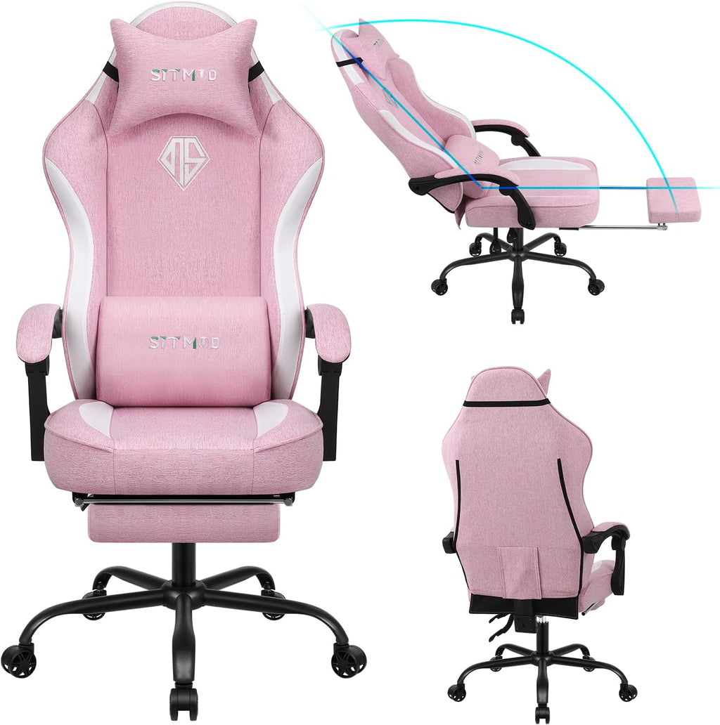 Gaming Chair, Video Gaming Chairs for Adults, Fabric Comfortable Computer Chair with Footrest, Pocket Spring Cushion, High Back Ergonomic Gamer Chair with 360° Swivel Seat for Office (Pink)