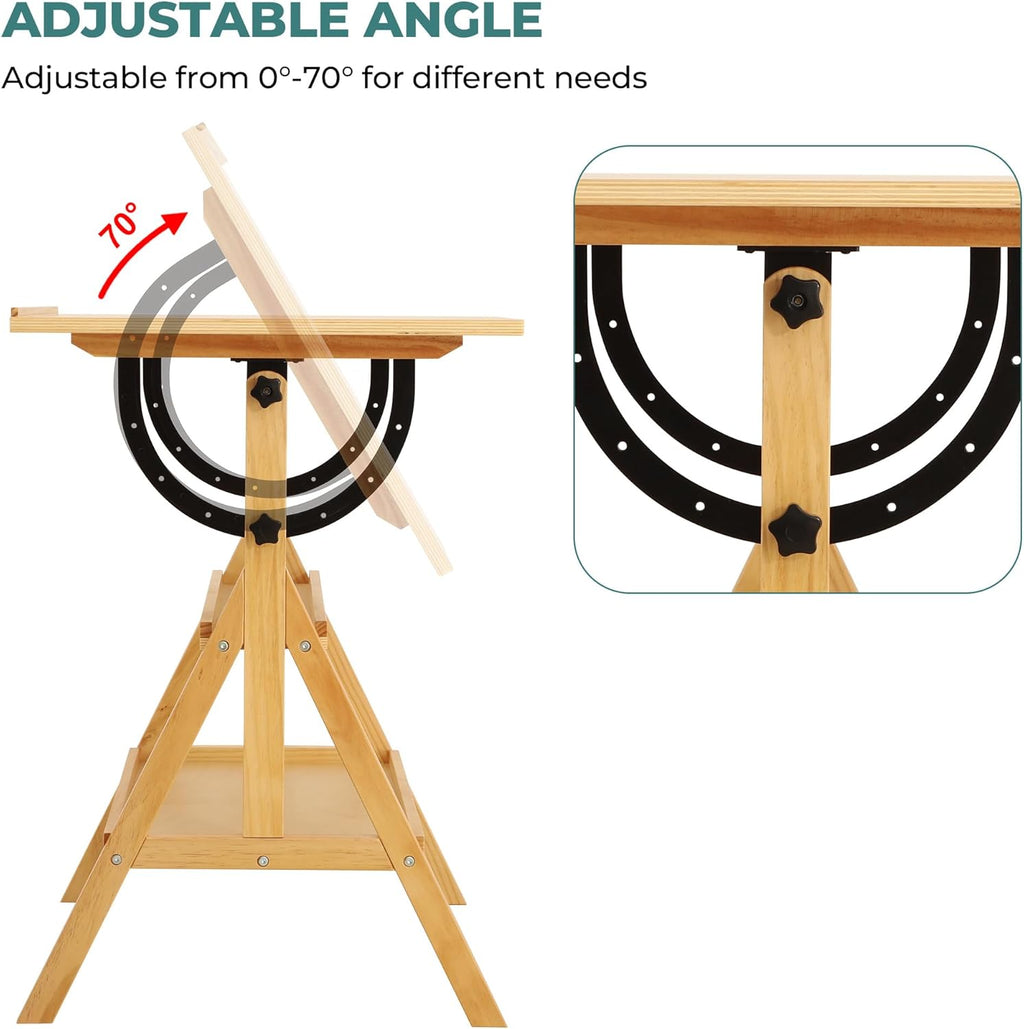 VISWIN Wood Drafting Table for Adults, Drawing Table with Adjustable Angle & 2-Tier Storage Racks for Art Studio, Solid Pine Wood Artist Desk for Drawing, Drafting, Writing, Reading, Sketching