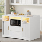 Kitchen Island with Storage, Island Table for Kitchen with Power Outlet & LED Light, Rolling Buffet Cabinet with Fluted Sliding Door, 2 Drawers, Large Countertop, White