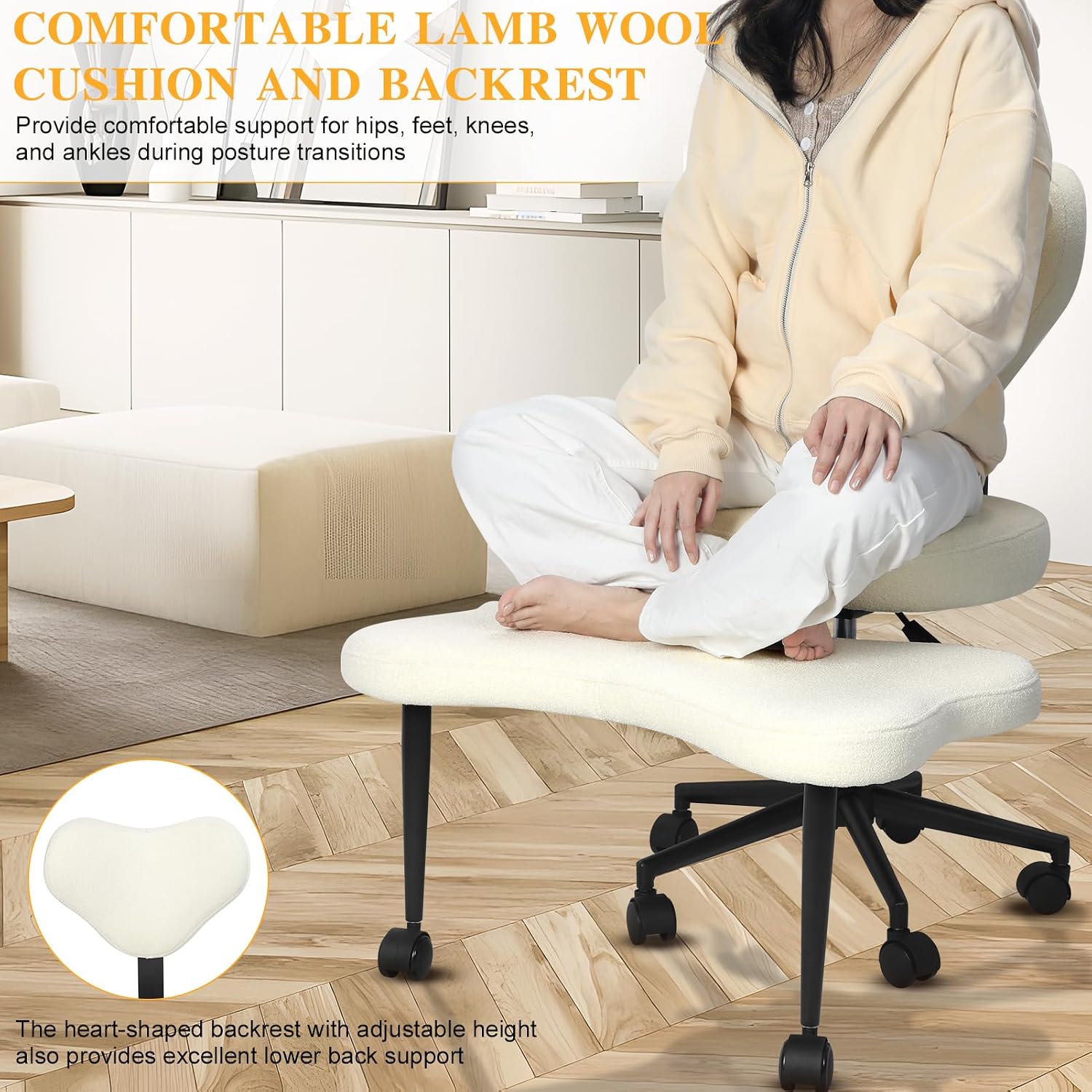 Cross Legged Office Chair with Wheels,Ergonomic Yoga Chairs Meditation Chair with Back Support Wide Criss Cross Design Lumbar Support, Kneeling Chairs Adjustable Height Flexible Design (Beige)