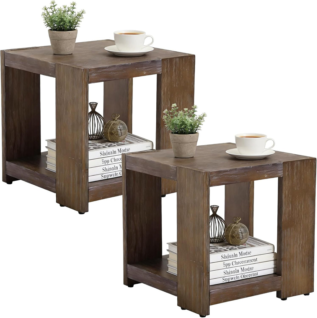 2-Tier Side Table for Living Room Set of 2, Rectangular End Table with Open Storage, Farmhouse Accent Bedside Table for Bedroom, Brown