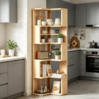 Corner Book Shelf, 6-Shelf Corner Bookcase with Baffle, Wooden Bookshelf with Open Storage, L Shaped Shelves for Small Spaces, Living Room, Home Office, Bedroom, Kitchen, Natural (6-Tier-1)