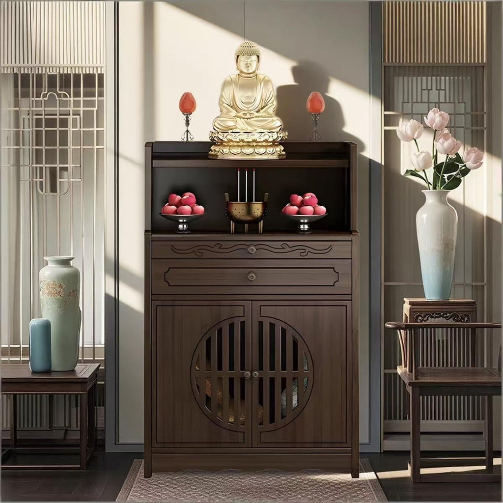 Bamboo Buddhist Altar Table for Home - Meditation Table with Cabinet Door, Chinese for Altar Pooja Tables High Altars with Storage (Ruyi Style)
