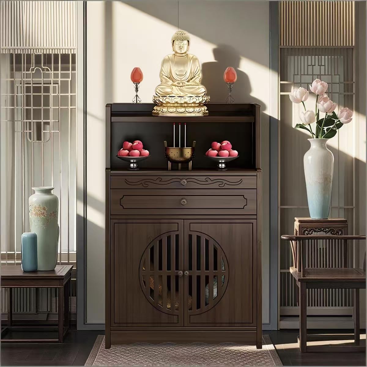 Bamboo Buddhist Altar Table for Home - Meditation Table with Cabinet Door, Chinese for Altar Pooja Tables High Altars with Storage (Ruyi Style)