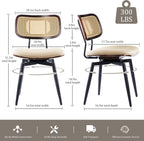 Swivel Dining Chairs with Rattan Back, Rattan Leather Dining Chairs with Swivel Metal Legs, Mid-Century Modern Synthetic Leather Upholstered Kitchen Chair, Set of 2, Beige