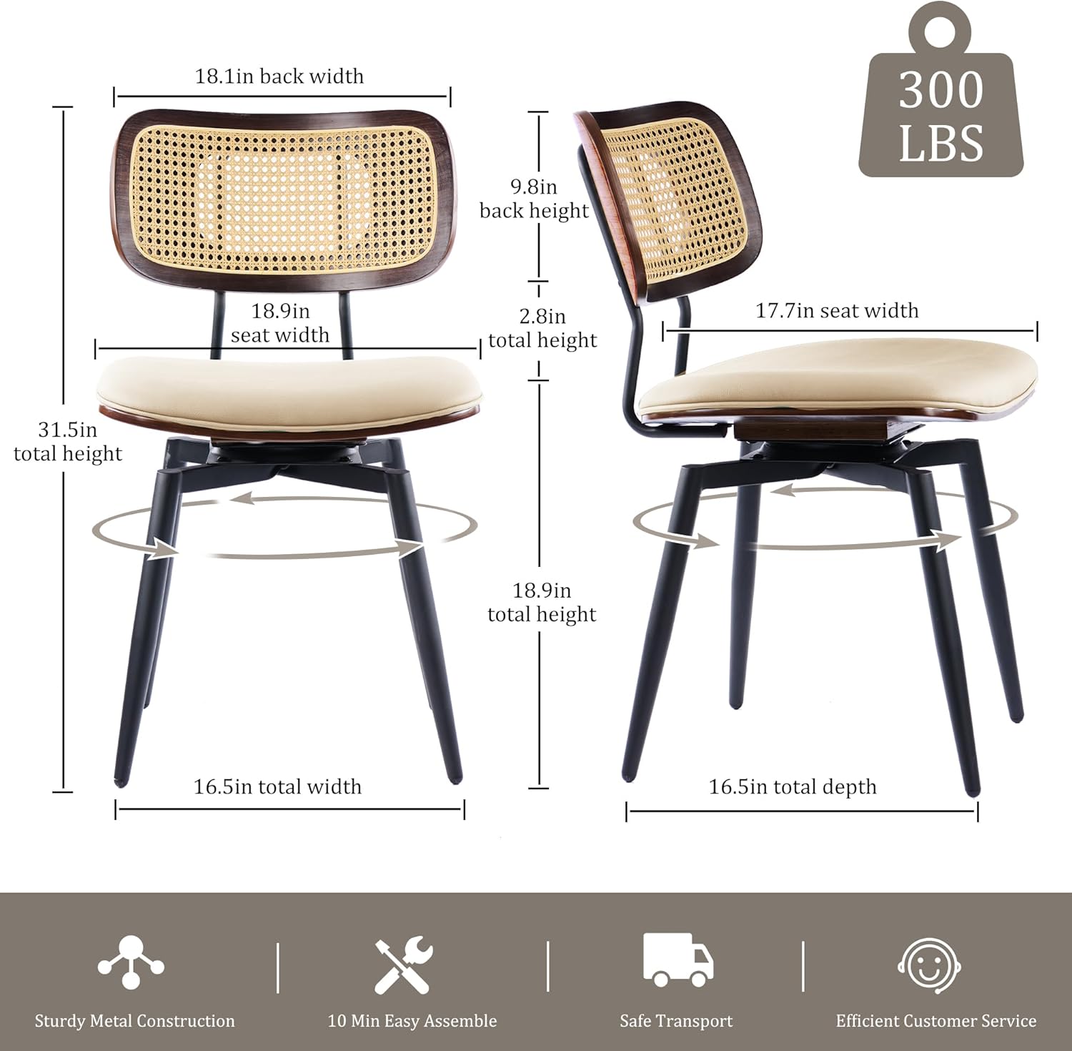 Swivel Dining Chairs with Rattan Back, Rattan Leather Dining Chairs with Swivel Metal Legs, Mid-Century Modern Synthetic Leather Upholstered Kitchen Chair, Set of 2, Beige