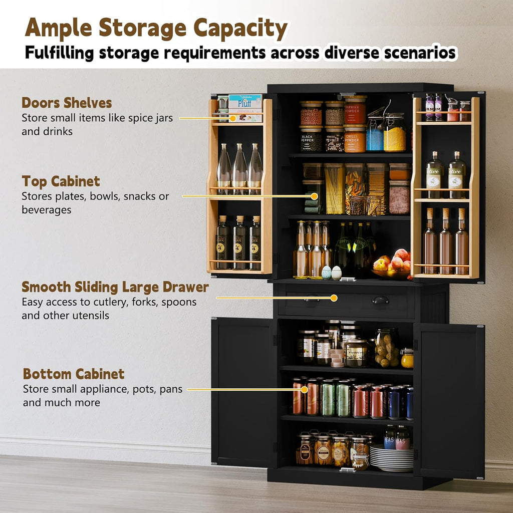 ARTPOWER 72" Pantry Storage Cabinet with Drawer, Freestanding Tall Cupboard Storage Cabinet, Utility Pantry with Door Shelves and 2 Adjustable Shelves for Kitchen, Dining Room,Living Room, Black