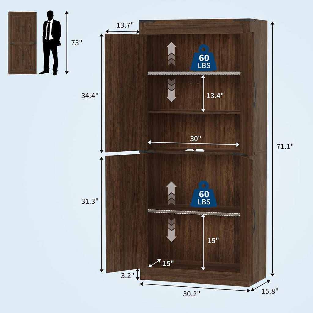 GarveeHome 71 in Tall Farmhouse Kitchen Pantry Storage Cabinet with 4 Barn Doors and Adjustable Shelves, Freestanding Rustic Wood Cupboard Storage Cabinets for Kitchen, Dining Room, Bathroom, Brown