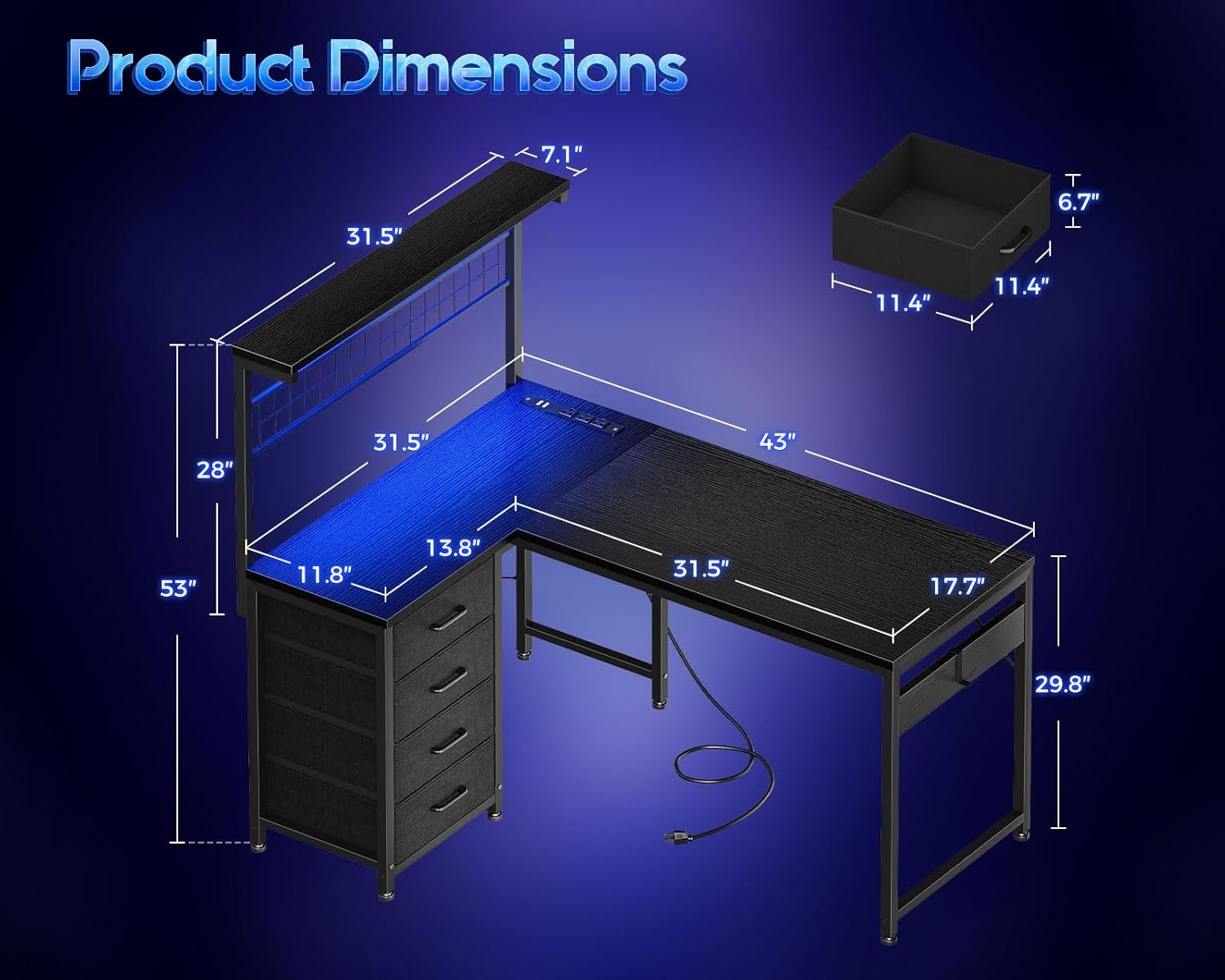 MOTPK 43” L Shaped Gaming Desk for Small Rooms, Compact Corner Computer Table with Shelf & Hutch, 4 Drawers, Reversible Study Desk with LED Light, Power Outlets & USB Ports, Home Office Table, Black