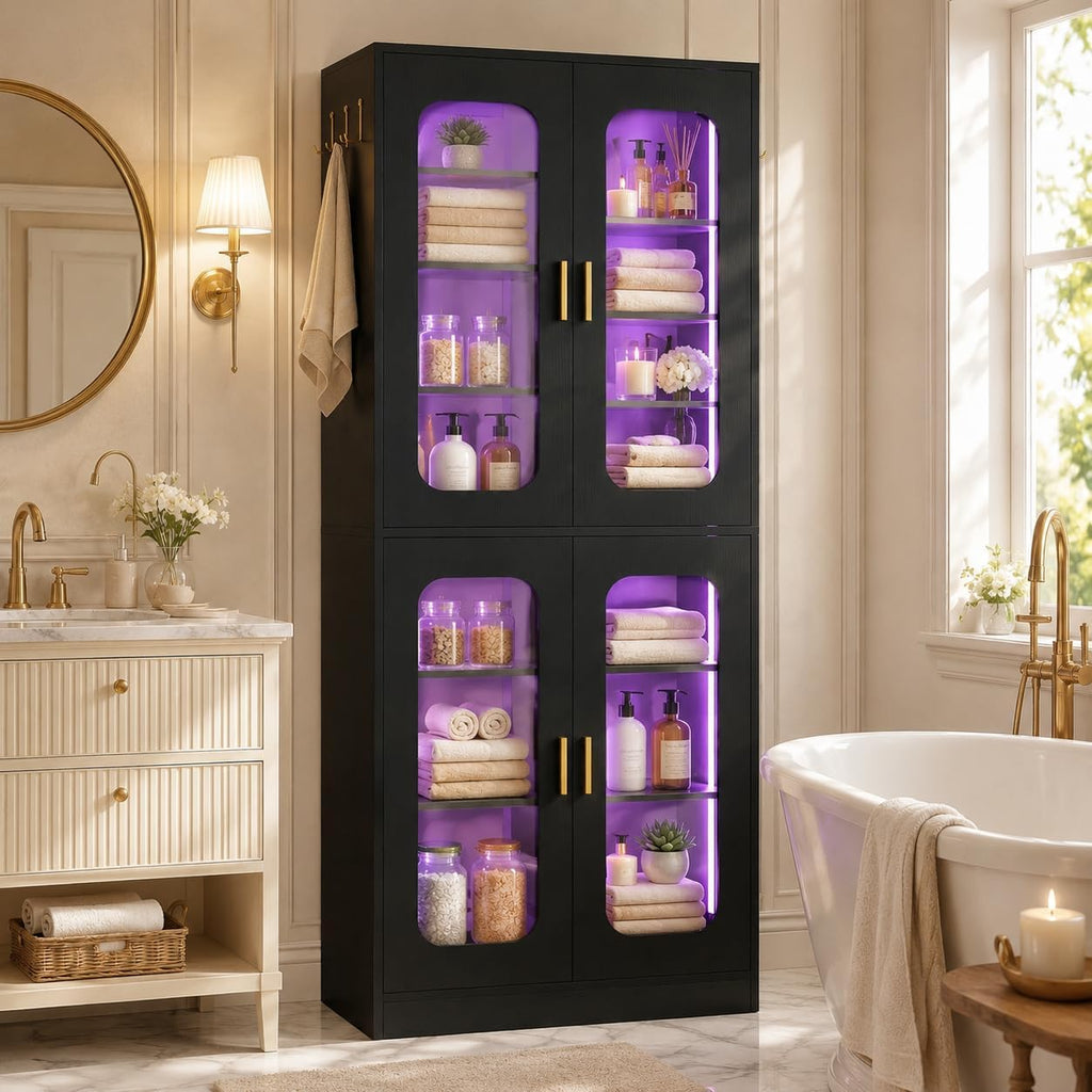 Cyclysio 67" LED Kitchen Pantry Cabinet with 6 Adjustable Shelves, Tempered Glass Doors, Built-in Color-Changing LED, Large Storage Cupboard for Kitchen, Dining, Living Room, and Bathroom, Black