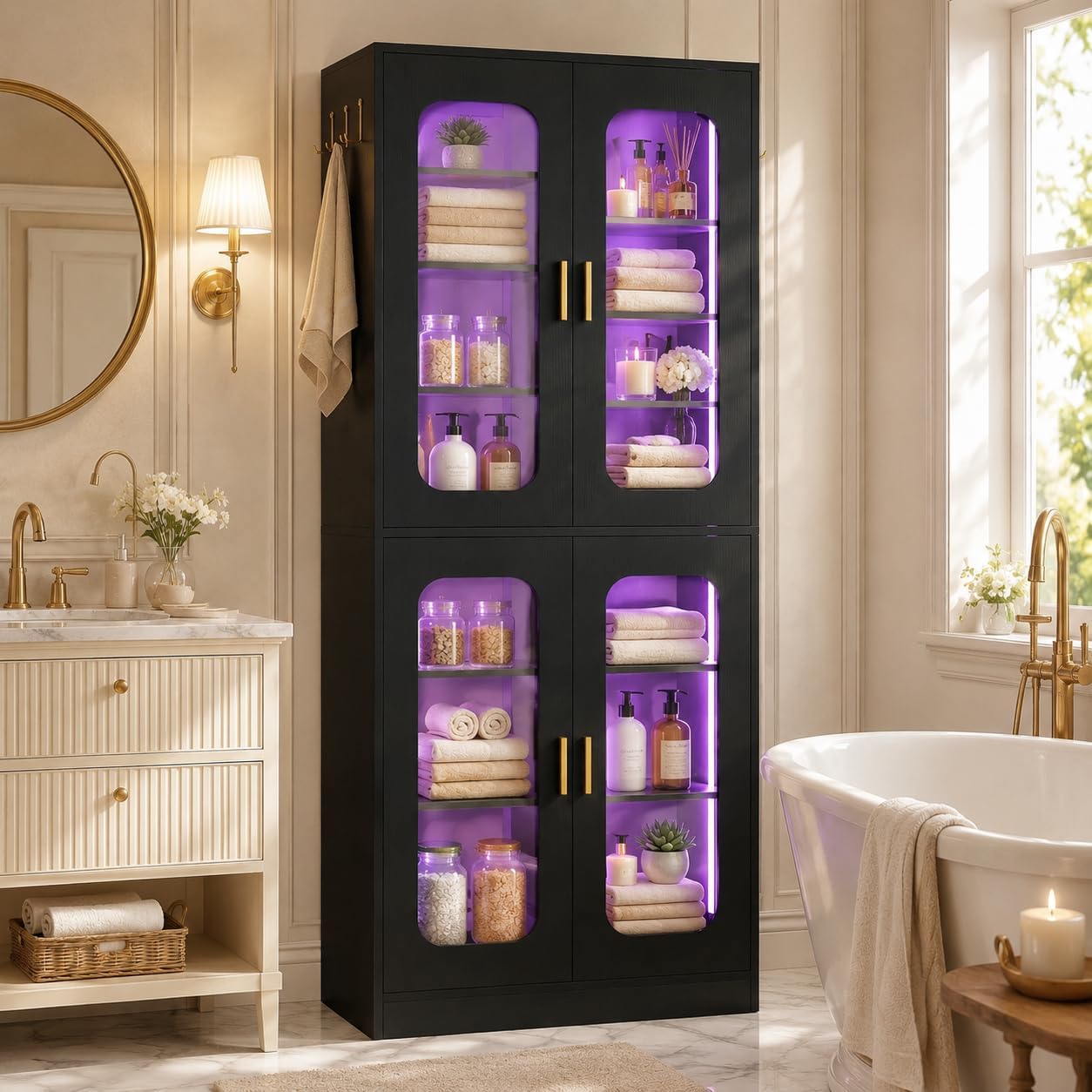 Cyclysio 67" LED Kitchen Pantry Cabinet with 6 Adjustable Shelves, Tempered Glass Doors, Built-in Color-Changing LED, Large Storage Cupboard for Kitchen, Dining, Living Room, and Bathroom, Black