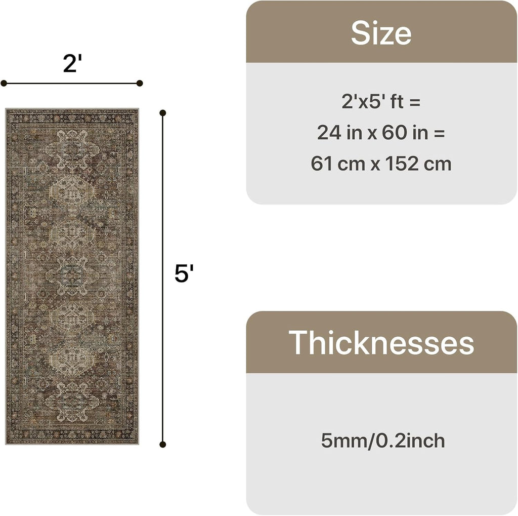 Bavni 2x5 Runner Rug, Non Slip Washable Runner Rug, Vintage Brown Hallway Rug Runner, Ultra Thin Low Pile Carpet Runner for Kitchen Bathroom Entryway Bedroom, Brown