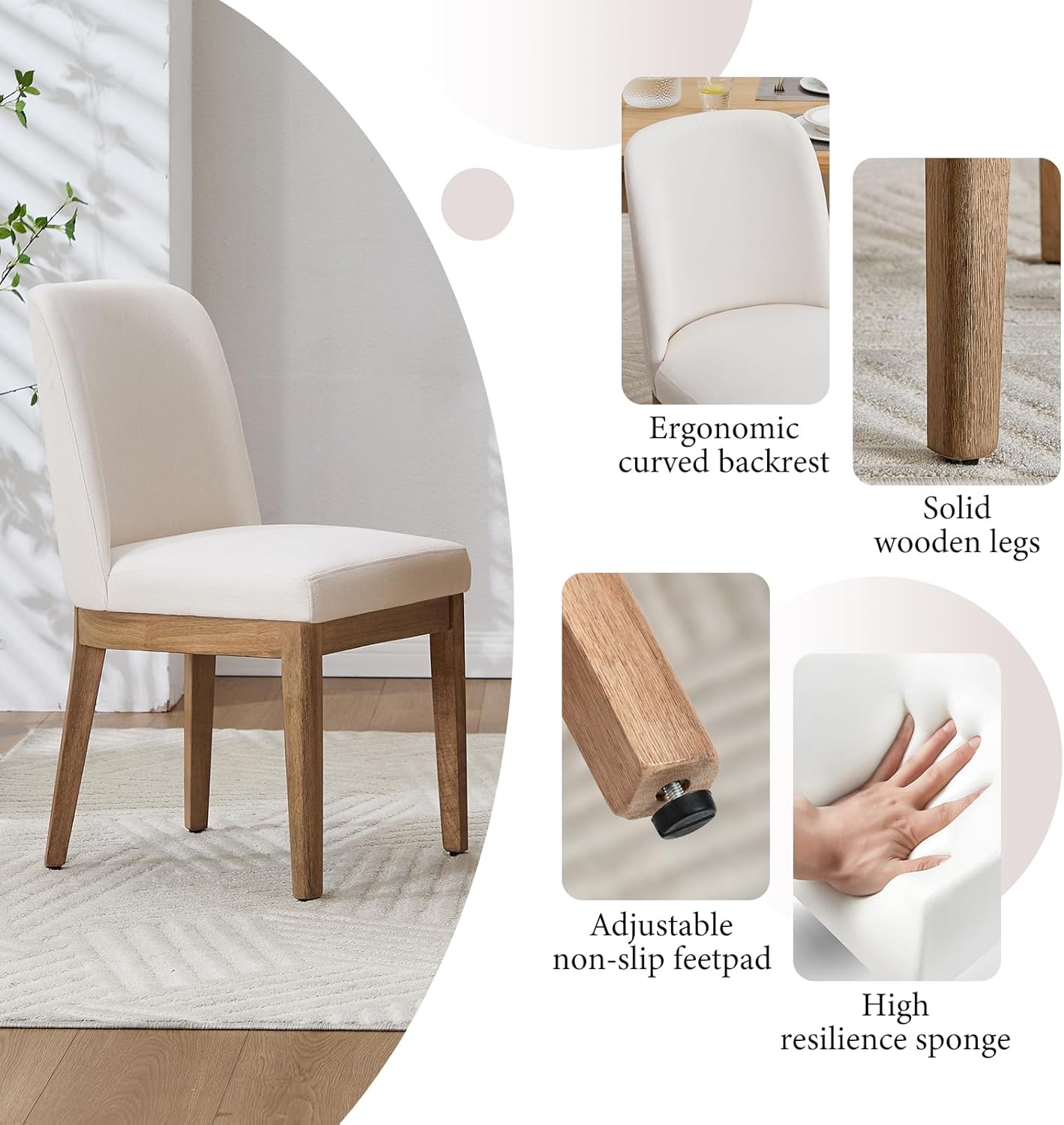 Upholstered Dining Chairs Set of 4, Linen Fabric Living Room Chairs Mid Century Modern Armless Kitchen Chairs with Backrest and Wood Legs for Kitchen Dining Room Restaurant, Cream