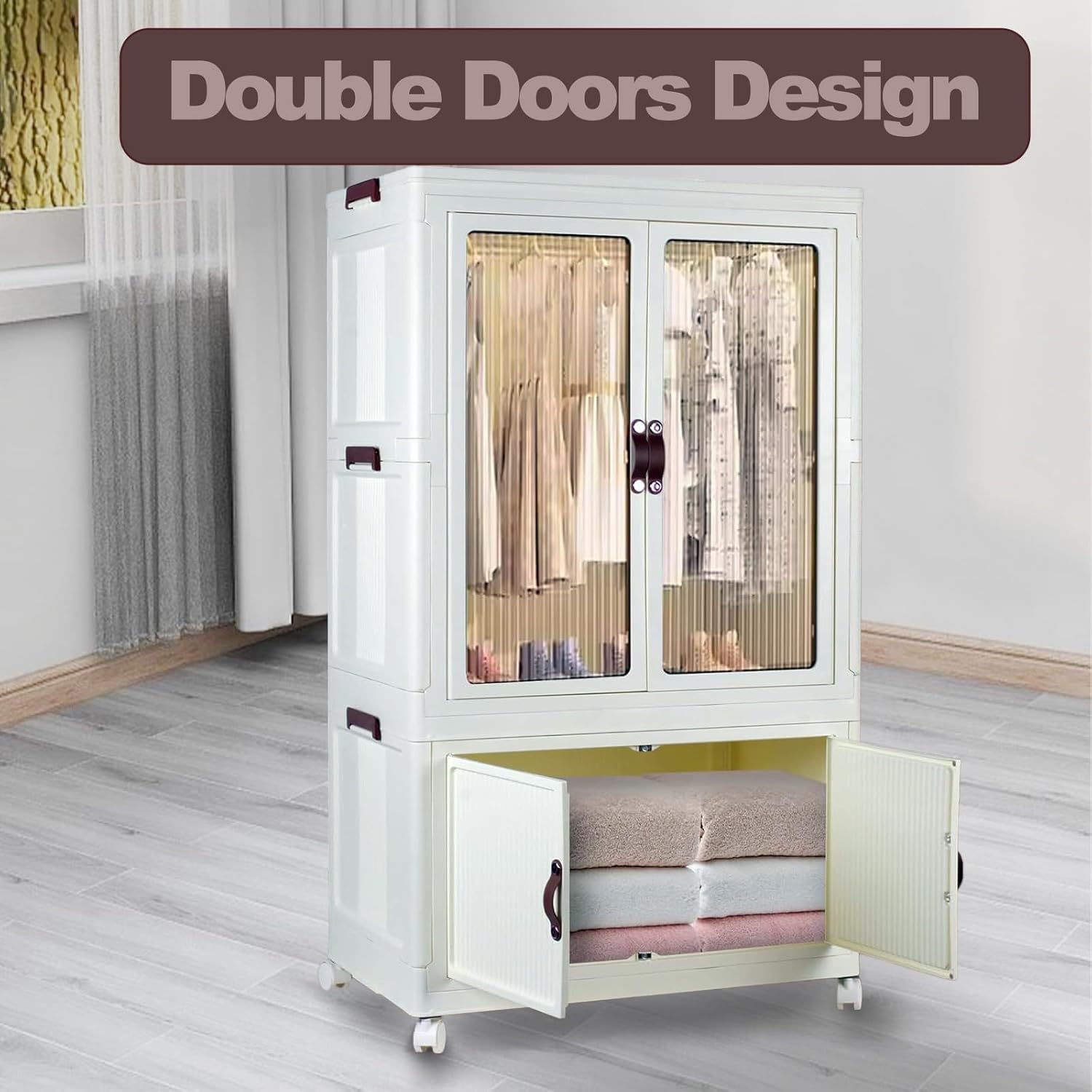 Portable Plastic Wardrobe Closet, Foldable Storage Bins for Clothes, Storage Organizers with Lid and Doors, Stackable Closet Wardrobe with 10 Hangers, White
