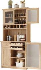Farmhouse Freestanding Buffet with Hutch, Tall Kitchen Pantry with Wine Rack and Adjustable Shelves,for Dining Room (Natural-W)