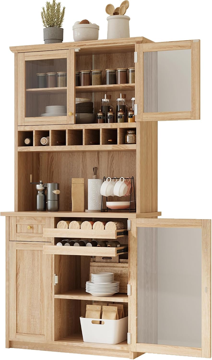 Farmhouse Freestanding Buffet with Hutch, Tall Kitchen Pantry with Wine Rack and Adjustable Shelves,for Dining Room (Natural-W)