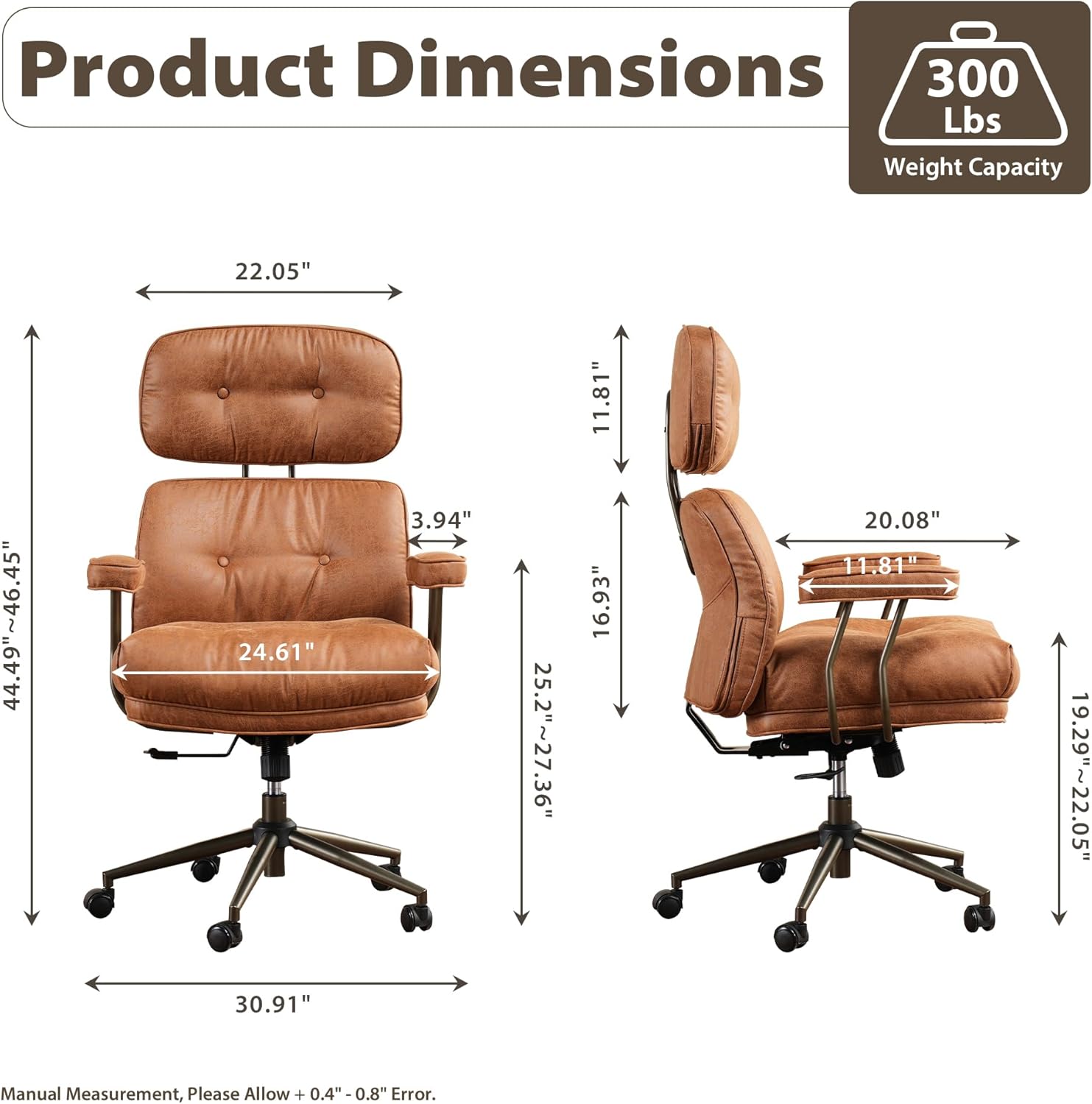 HOOOWOOO Ergonomic Office Chair,Mid Century Modern Computer Desk Chair,Comfy Executive Chair with Extra Wide Tufted Cloudy Seat Lumbar Support High Reclining Back,Suede Leather Cognac Brown