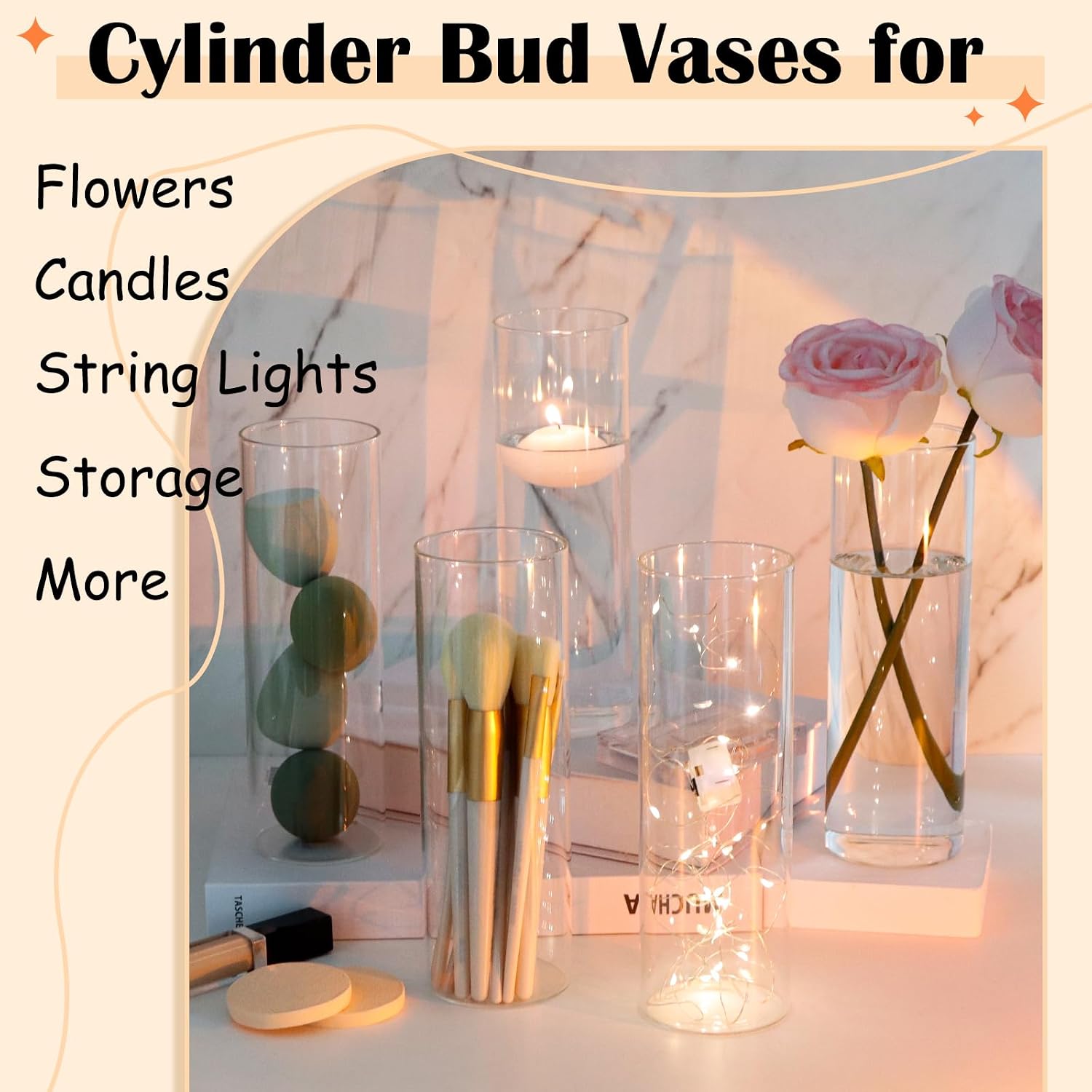 16 Pack Glass Cylinder Bud Vases for Centerpieces, 7.8” H x 2.5” W Clear Flower Vases Bulk, Floating Candle Holder for Wedding Party Home Decor