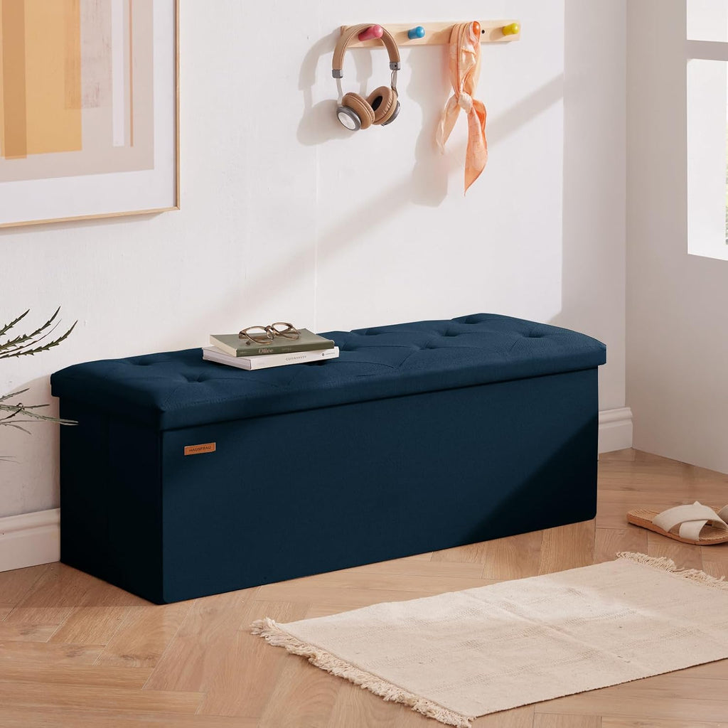 HAUSFRAU Storage Ottoman Bench with Flipping Lid, 43.3 Inches Storage Chest Footsrest, Folding Foot Stool for Entryway, Living Room, Bedroom, Linen Navy Blue