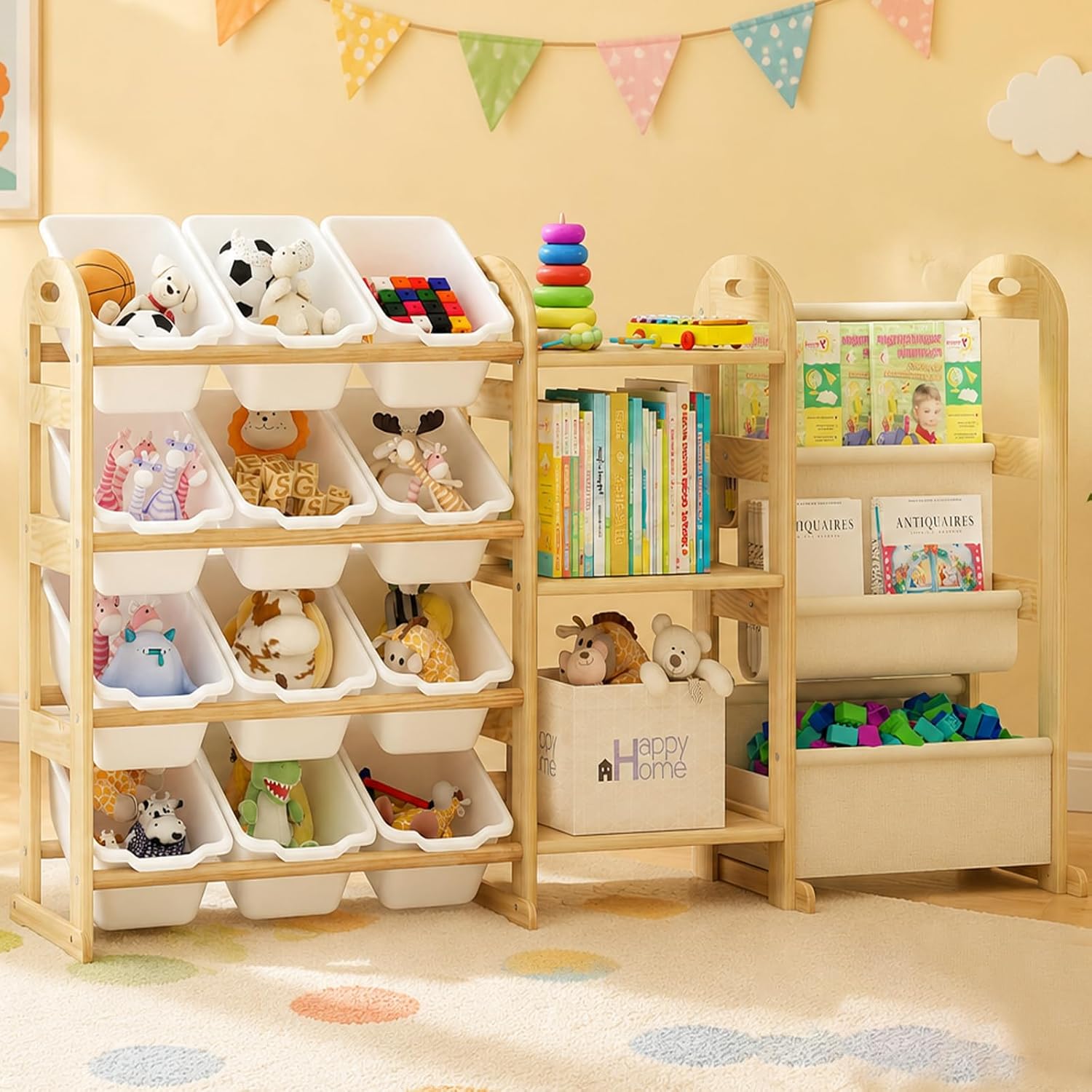Toy Storage Organizer with 3 Shelves and 12 Bins, 2-Tier Bookshelf/Bookcase with Storage Box, Kids Bin Shelf, Toys Box for Bedroom, Playroom, Organization Room Decor, White