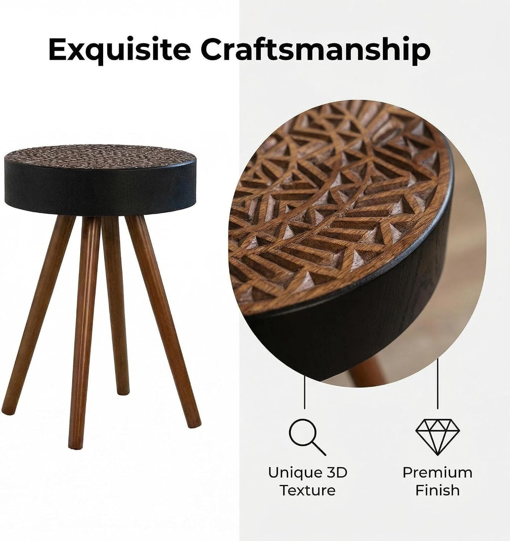 Round Wooden End Table with Retro Carved Brown Top & Black Wood Support Legs, Vintage 15.7" Small Circle Sofa Side Table for Living Room Bedroom (Brown, 4 Legs Support)
