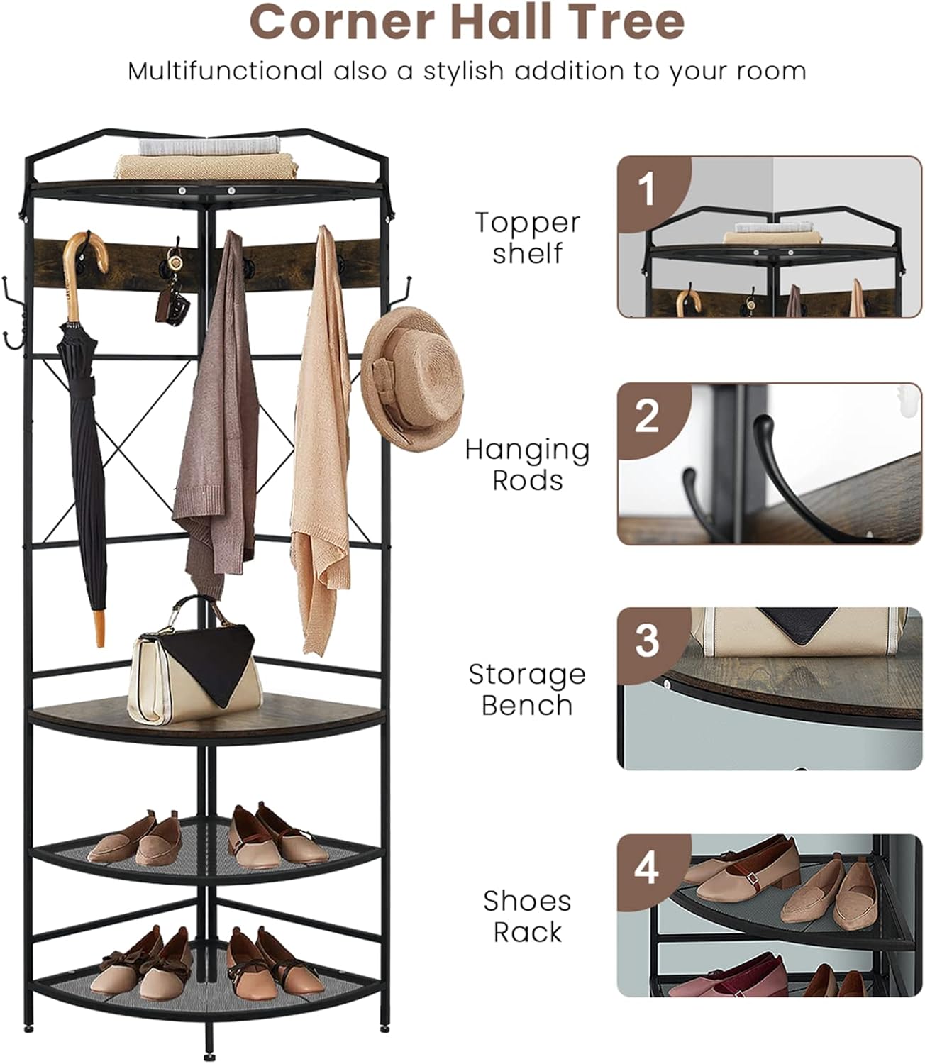 Recaceik 5-in-1 Hall Tree Entryway Bench Coat Rack with 11 Hooks and 2 Hanging Rods, Grid Panel Home Organizer Shoe Shelf for Corner, Hallway, Closet, Rustic Brown