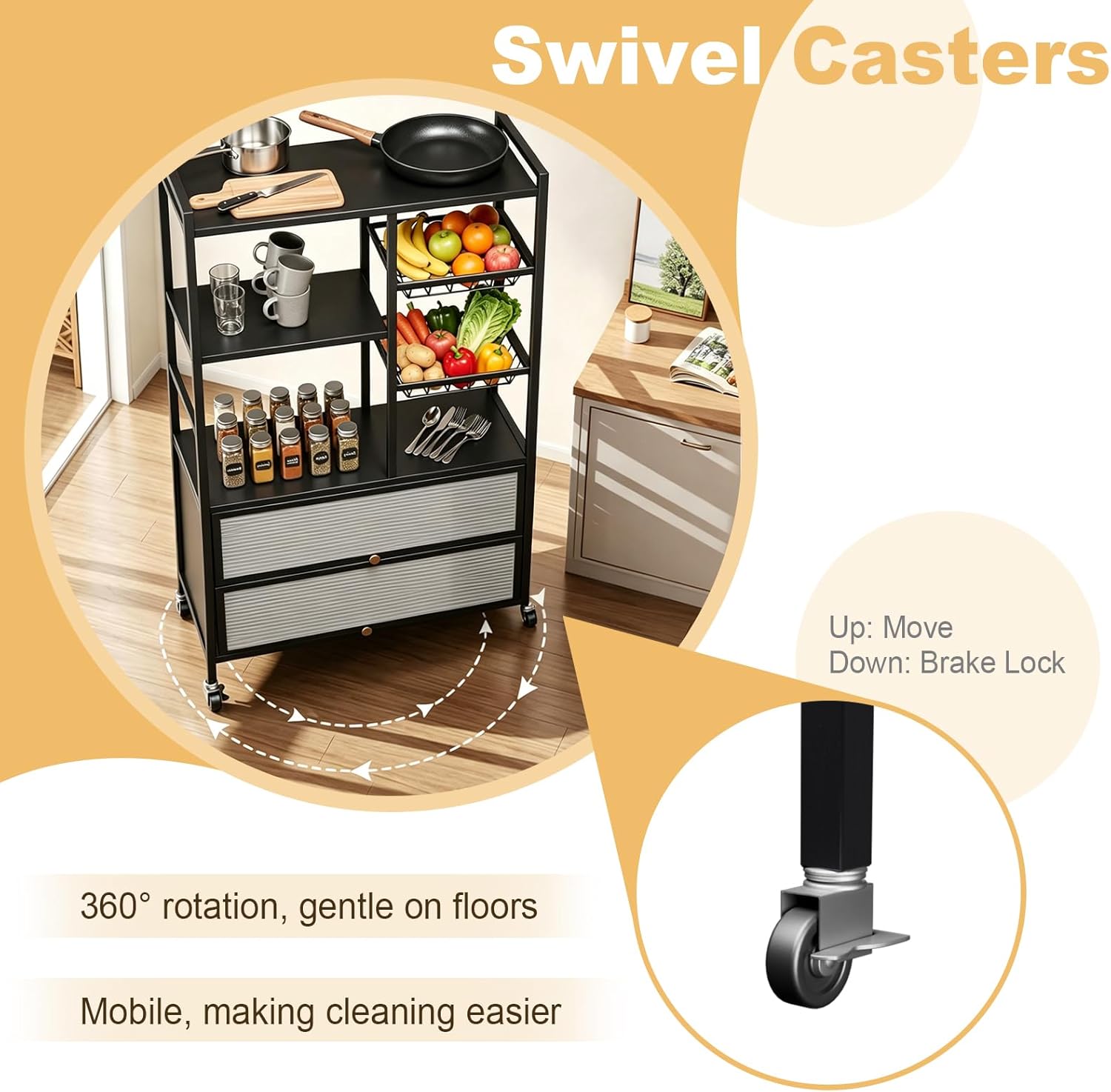 Kitchen Baker's Rack, Microwave Stand with Flip-up PC Doors, Freestanding Open Storage Shelves on Wheels, for Dining Room and Living Room, 31.4"x 12.6"x57.1"