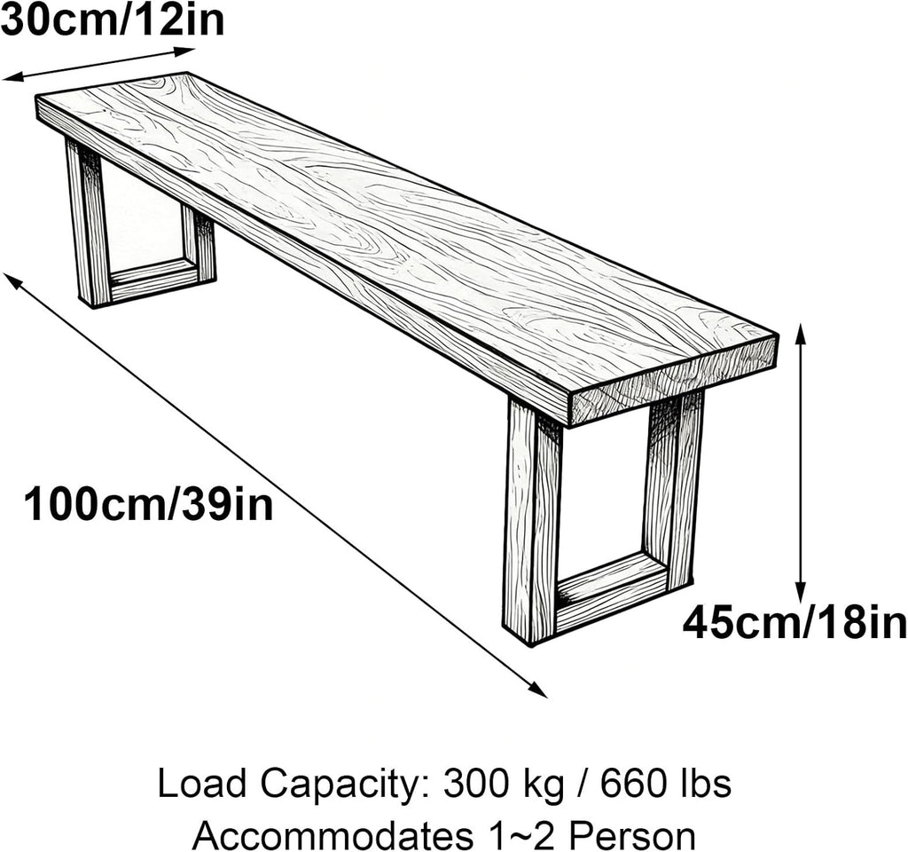 Wooden Outdoor Bench, 18in High Outdoor Garden Bench, U Shaped Legs, Suitable for Bedrooms and Dining Rooms, Load Capacity 880 Lbs(100x45x30cm/39x18x12in)