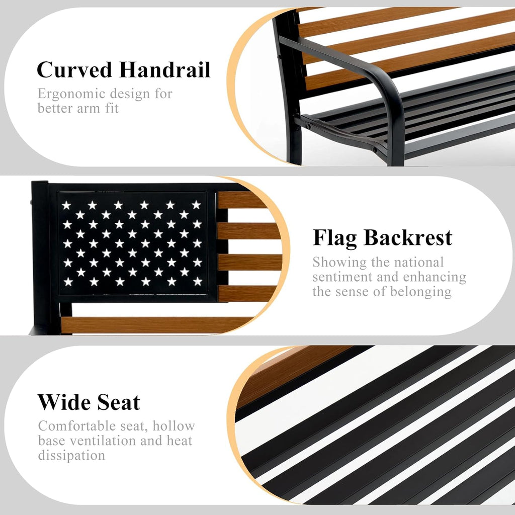45.7 Inch American Flag Outdoor Bench - Patriotic Stars and Stripes Garden Bench with Heavy Duty Cast Iron Frame & Weather Resistant Steel Slats - Rustic Porch Furniture for Backyard, Memorial
