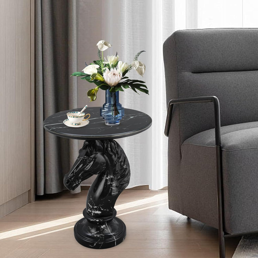 Horse Head Accent Side Table, Unique Animal End Table with Round Faux Marble Top, Animal Statues for Home Decor, Modern Classical Floor Statue for Living Room Bedroom Entryway (Horse Head-B)