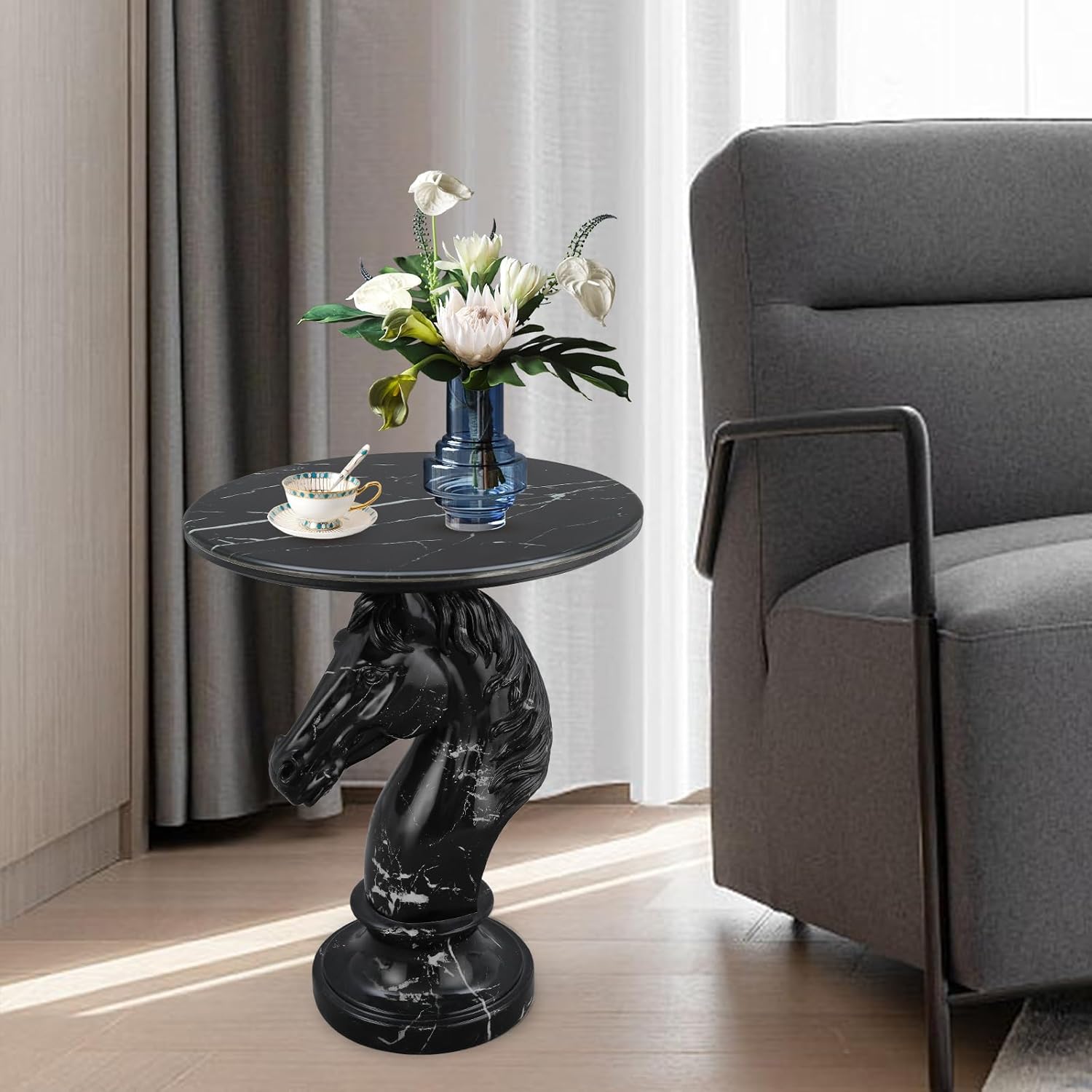Horse Head Accent Side Table, Unique Animal End Table with Round Faux Marble Top, Animal Statues for Home Decor, Modern Classical Floor Statue for Living Room Bedroom Entryway (Horse Head-B)