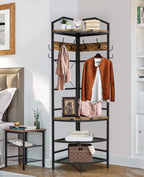Recaceik 5-in-1 Hall Tree Entryway Bench Coat Rack with 11 Hooks and 2 Hanging Rods, Grid Panel Home Organizer Shoe Shelf for Corner, Hallway, Closet, Rustic Brown